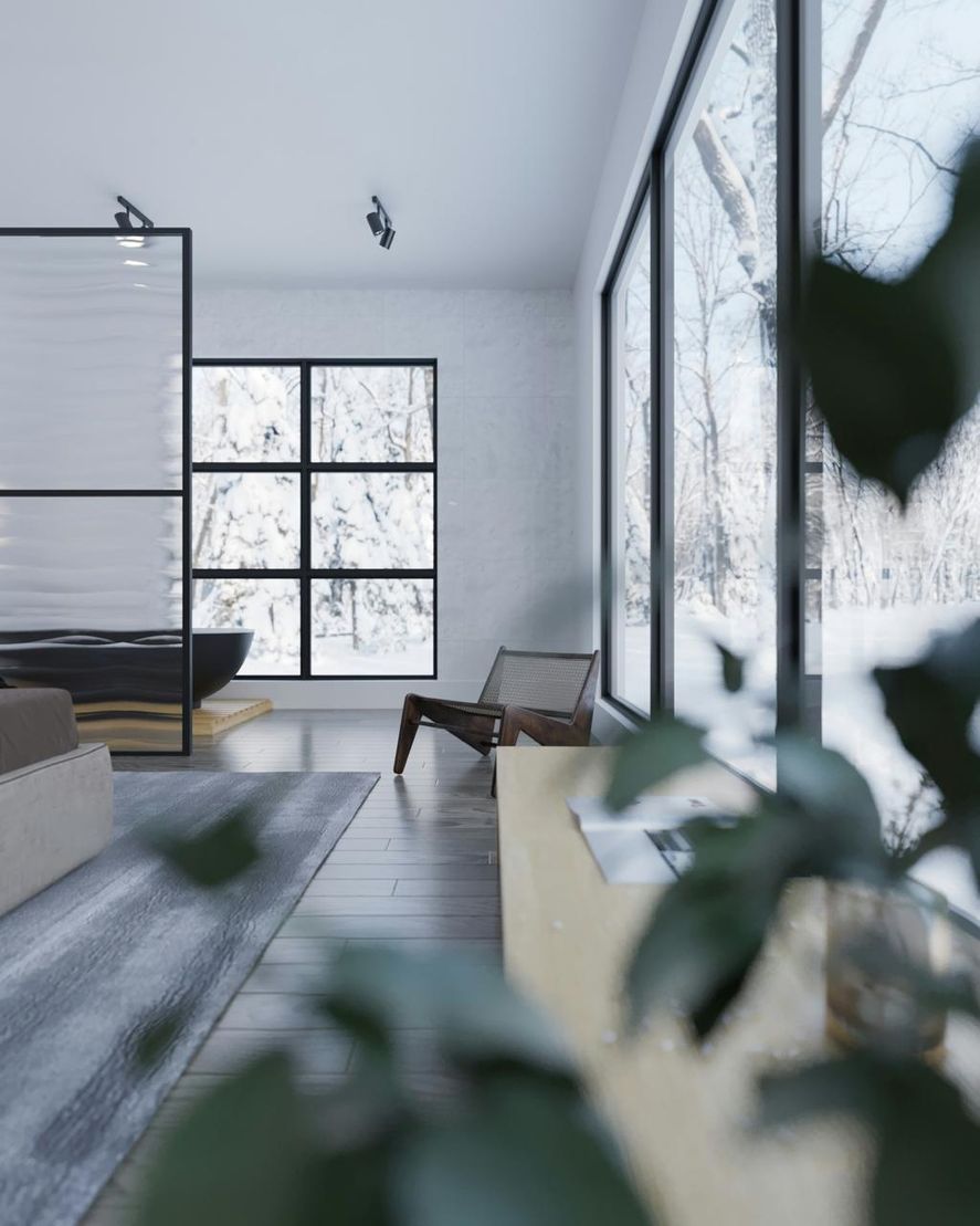 Luxury living room with city skyline view