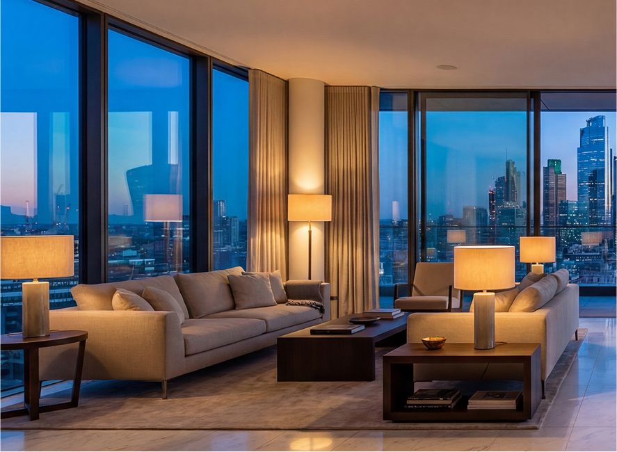 Luxury living room with city skyline view